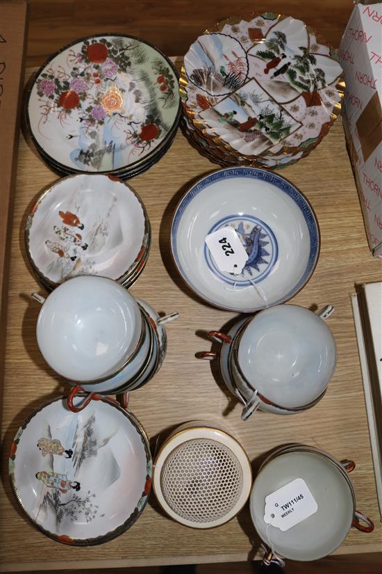 A collection of Japanese eggshell tea wares, a pot pourri vase and cover and a modern bowl